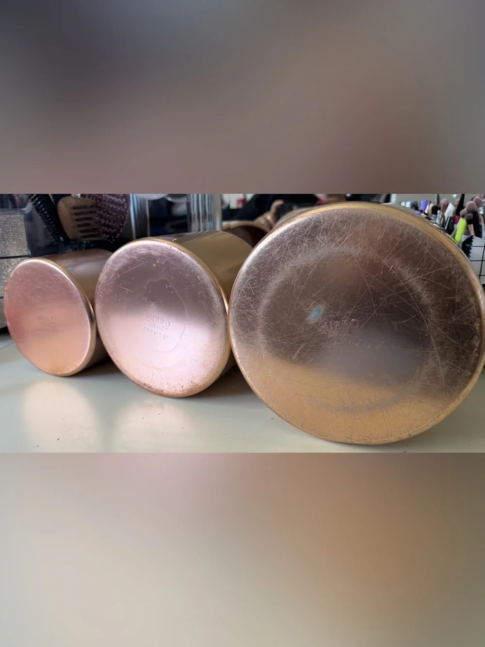 Vintage Mirro Copper Rose Gold Aluminum Canister Set 3 Wood Knob MCM USA